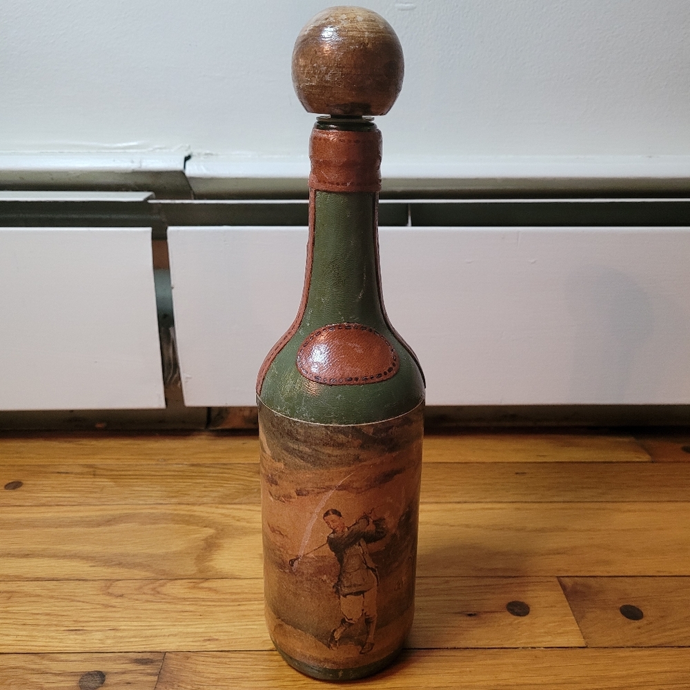 Fausto Corduri Italian Leather Wrapped Bottle Golf Print Decanter Vintage 1960's